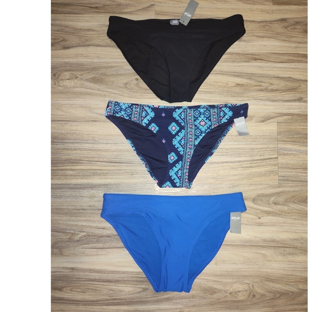 Aerie Bikini Bottoms Lot 3Pack Black Blue GeometricPattern Swimwear Womens S NWT